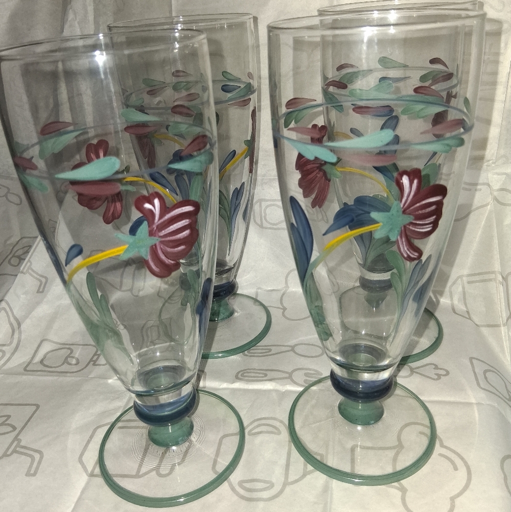 4 EXCEPTIONAL VINTAGE LENOX "POPPIES ON BLUE" COLLECTION ICE TEA GLASSES.